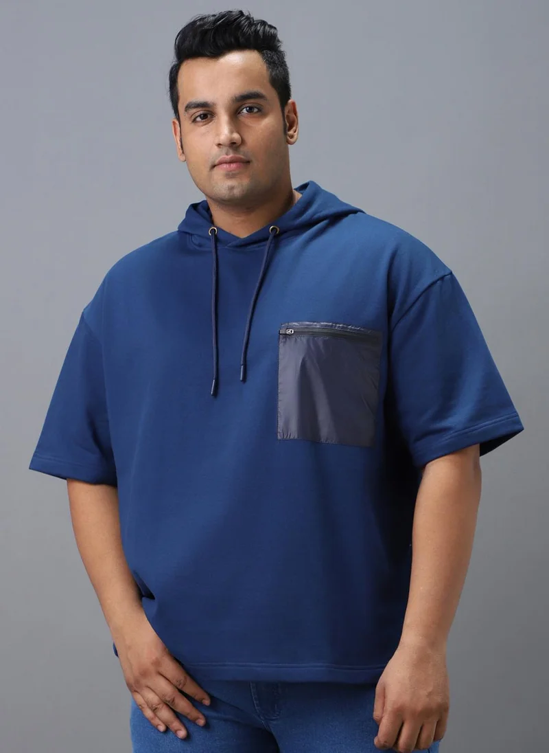 Urbano Plus Men's Blue Cotton Solid Hooded Neck Sweatshirt